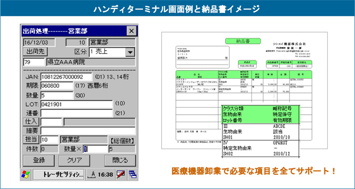 ハンディターミナル画面例と納品書イメージ